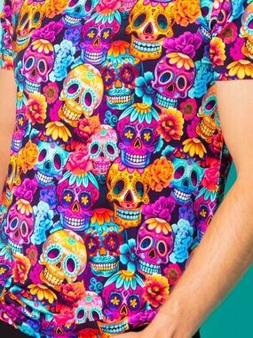 Women's Day of the Dead Skull Print Tee - Vibrant Multicolor